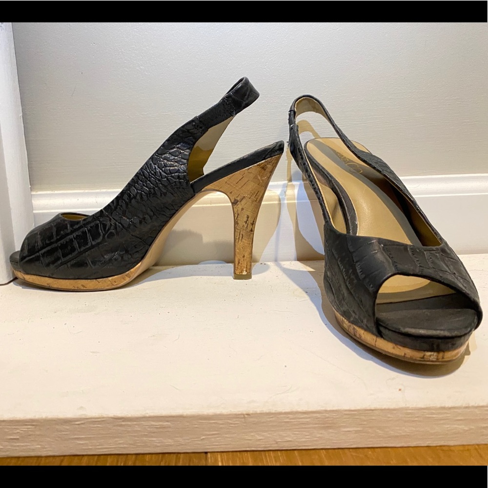 Black, crocodile pattern, cork heels.
